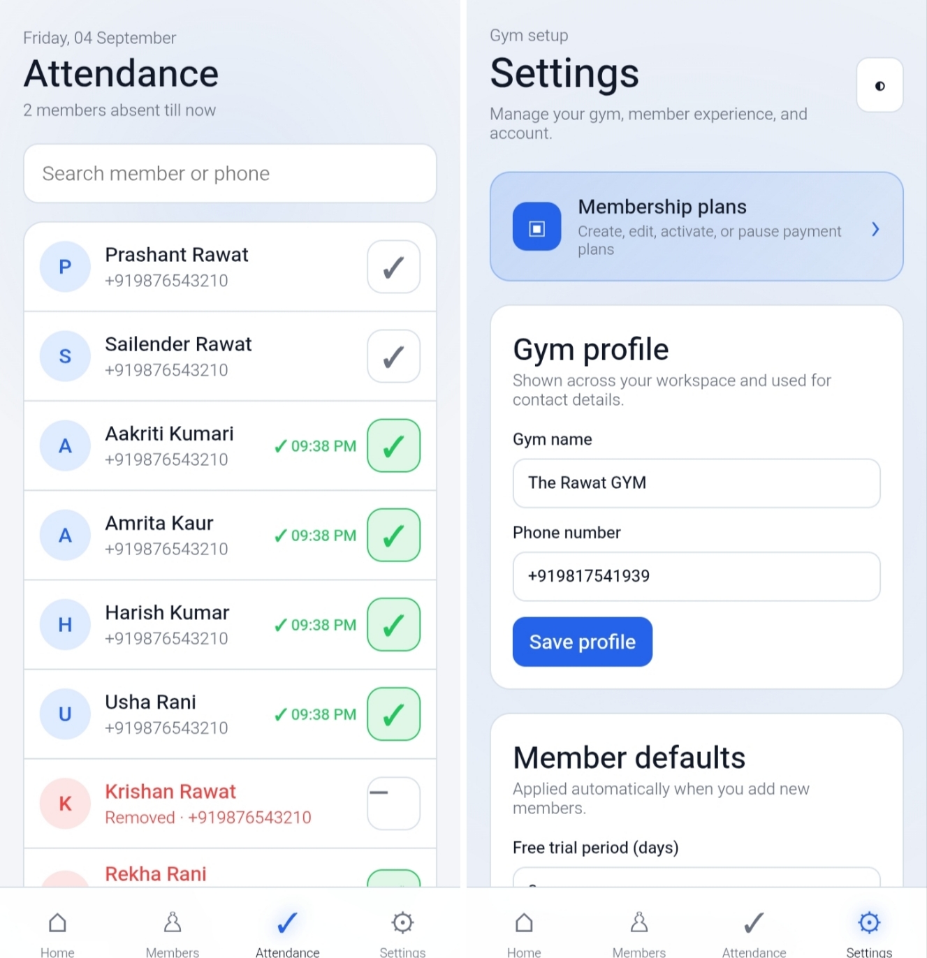 RepVaro attendance tracking screen